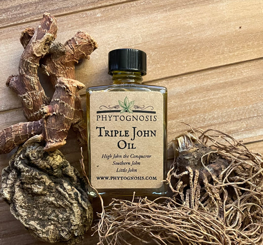 Triple John Oil 30mL clear glass bottle with black cap containing amber-colored hoodoo conjure oil made with High John the Conqueror, Little John to Chew, and Southern John roots