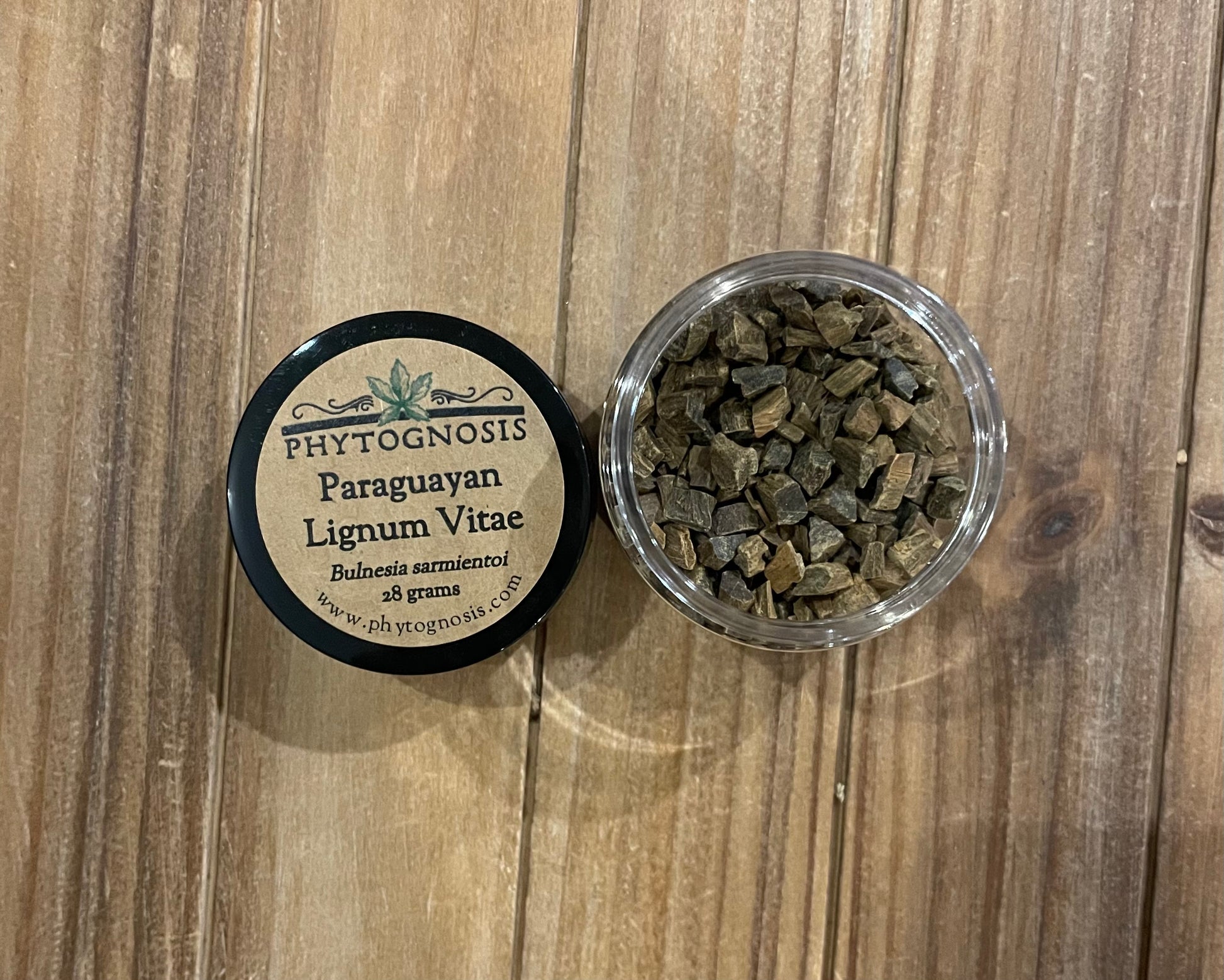 Lignum Vitae Guaiac Wood Bulnesia sarmientoi whole wood chips 28 grams in labeled clear container, Phytognosis botanical curio