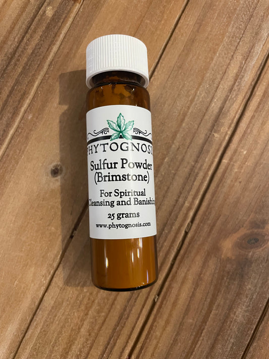 Sulfur Brimstone powder 25 grams in glass bottle, traditional Hoodoo banishing and uncrossing mineral curio